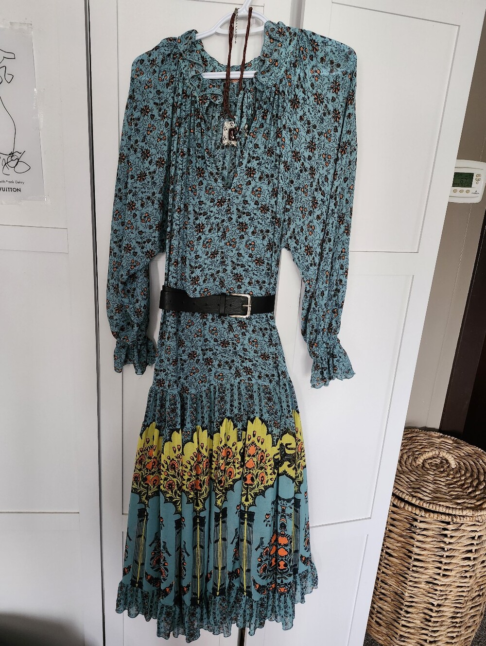 Free People Bohemian Teal Floral Long-Sleeve Dress Sz Oversized Small
